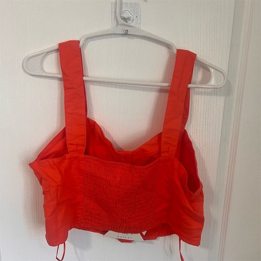 Lost + Wander Coral Red Linen Blend Button Front Smocked Crop Top WTBL0782 Large - Picture 3 of 6